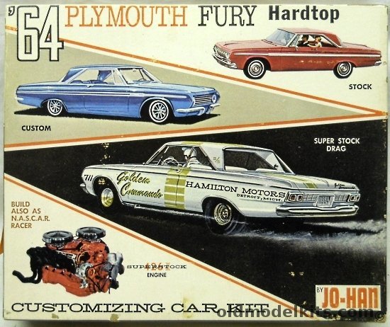 Jo-Han 1/25 1964 Plymouth Fury 2 Door Hardtop Customizing Kit - Stock / Custom / Golden Commando Super Stock Drag / Or 1964 Daytona 500 Winner Richard Petty #43 NASCAR Racer, C-164-149 plastic model kit